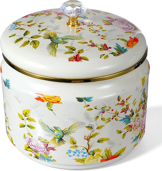 81 oz Vintage Enamel Canister with Lid, Large Enamel Storage Container Floral Cookie Jar, Farmhouse Kitchen Canister for Sugar, Tea, Candy