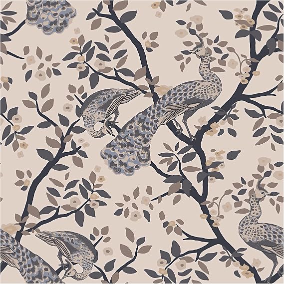 Blooming Wall DPYD19-W Peacock Standing on Branches Textured Peel and Stick Wallpaper Self-Adhesive Prepasted Wallpaper Wall Decor