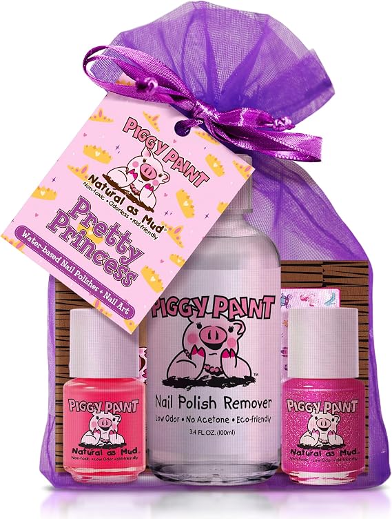 Piggy Paint | 100% Non-Toxic Girls Nail Polish | Safe, Cruelty-free, Vegan, Low Odor Nail Polish for Kids | Pretty Princess (2 Polish, 1 Remover & Nail Art Gift Set) | Nail Polish for Little Girls & Kids of All Ages, Water Based Formula, Cruelty Free, Vegan, Natural, 3D Nail Art Sticker Set