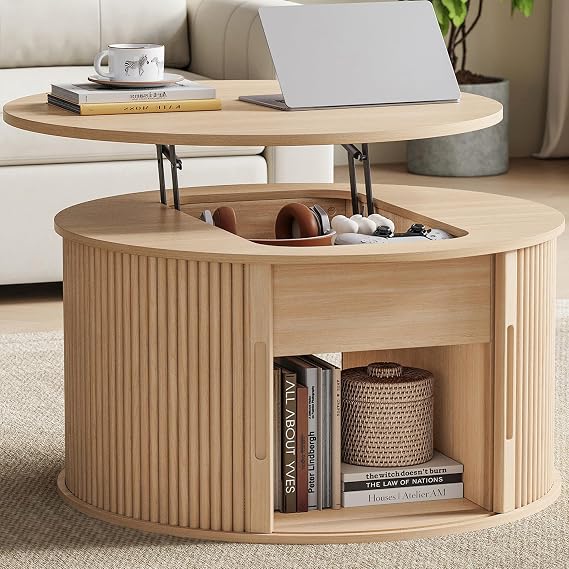 LINSY Lift Top Coffee Table, Round Fluted Coffee Table with Storage, Boho Wooden Coffee Tables with Sliding Tambour Door, 31.5" Center Table for Living Room, Office, Small Space, Natural Oak