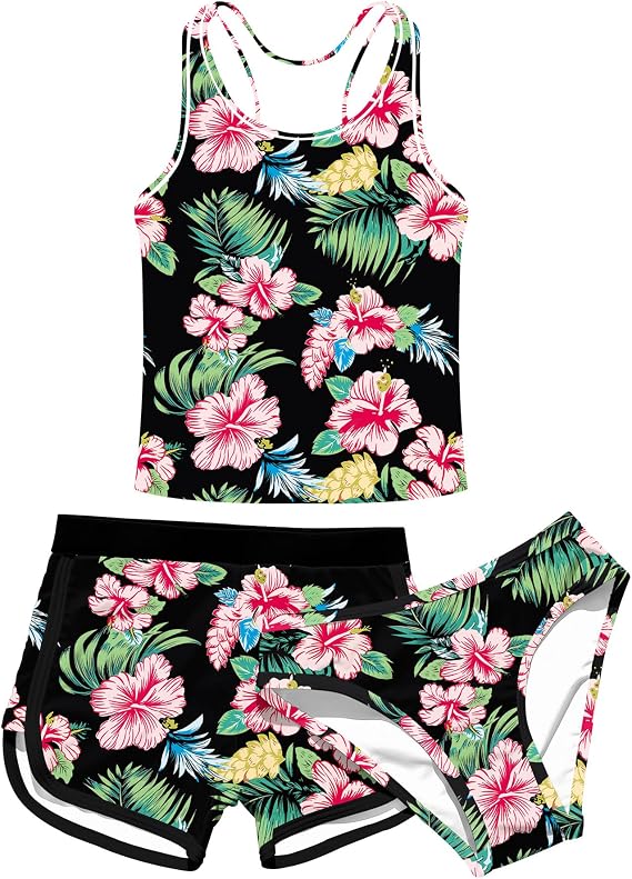 Enlifety 8-18T Teen Girls Tankini Swimsuit 3 Piece Bathing Suit with Shorts