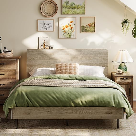 LINSY Queen Bed Frame Wood with Ergonomic Headboard, Farmhouse Bed Frame Queen Size with Storage Shelf, Fast 45-Min Assembly Platform Bed, Noise-Free, No Box Spring Needed - Beige