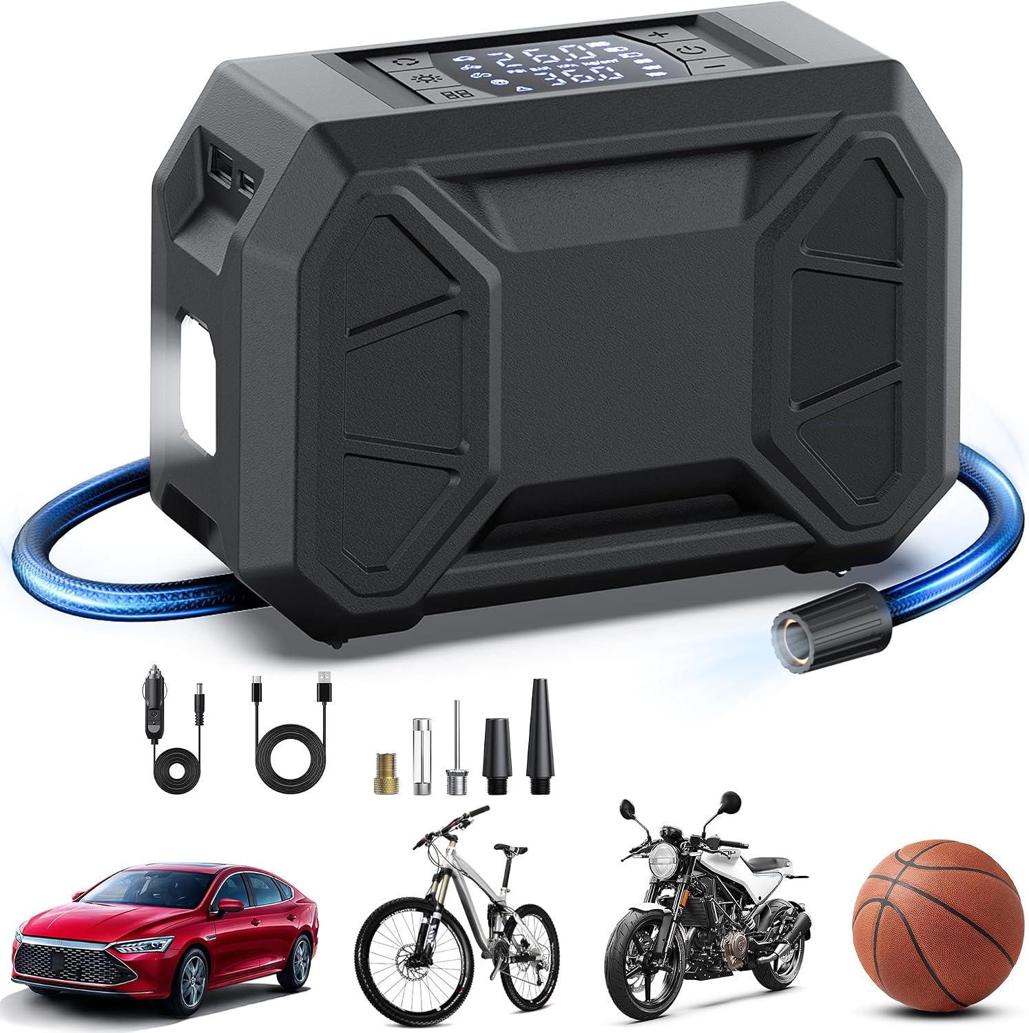 Tire Inflator Portable Air Compressor, 150 PSI Cordless Tire Pump for Car Tire 12V DC Dual Power Battery Electric Bike Air Pump with Pressure Gauge LED Light for Car, Motorcycle, Bicycle, Bike, Ball