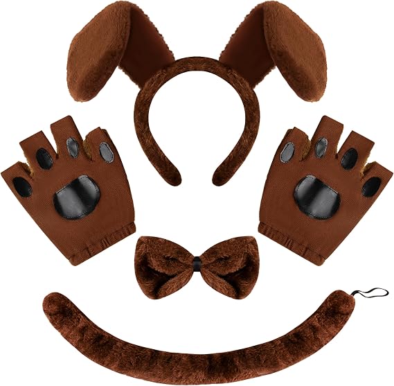 Spooktacular Creations Halloween 5 Pcs Brown Puppy Costume Accessories Set with Dog Ears Headband, Bowtie, Gloves and Tail, Animal Costume for Adults and Kids for Cosplay Party, Animal Lovers
