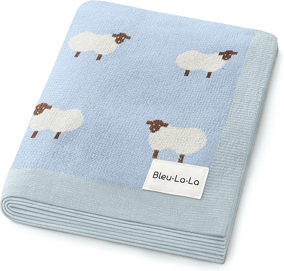 Knit Baby Swaddle Blanket for Boys - 100% Cotton Soft Cozy Lightweight Receiving Swaddling Stroller Quilt Blanket for Newborns Infants Toddlers (Sheep - Baby Blue)