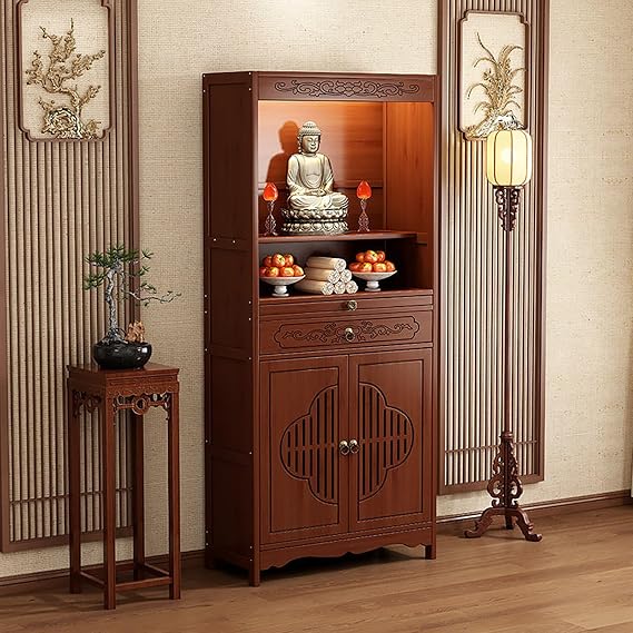 Buddhist Altar Table with Storage Drawers, Chinese Buddhist Prayer Altar Cabinet, Temple for Home, Pooja Mandir (Walnut, 26.7 * 13 * 67in)