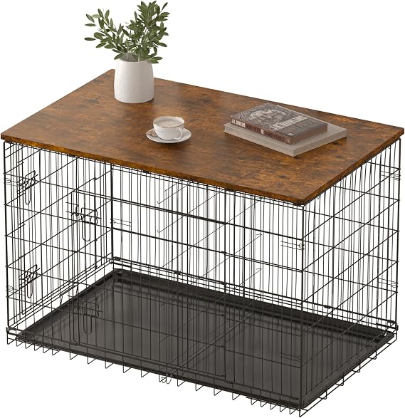 Piskyet Dog Crate Topper Wood Countertop(Rustic Brown, for 24 inch Crate)