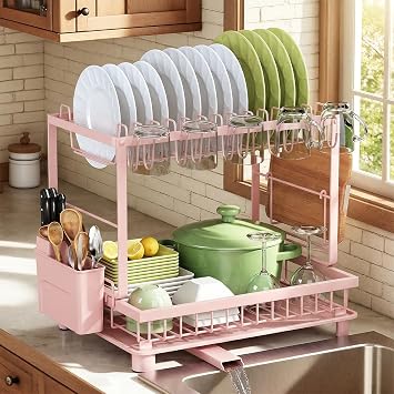 Multifunctional Dish Drying Rack - Rustproof, 2-Tier Dish Racks with Drainboard, Space-Saving Design, Utensil & Cup Holder for Kitchen Counter, Pink