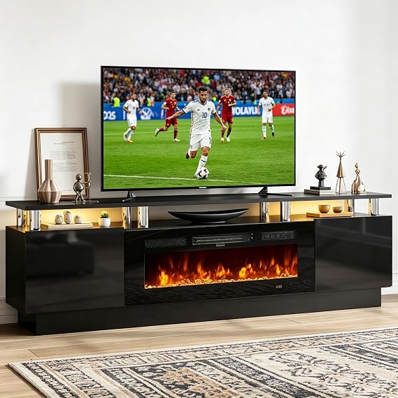 oneinmil Fireplace TV Stand with 36 Electric Fireplace, 2 Tier TV Console Stand for TVs Up to 90"", LED Light Entertainment Center, Fireplace for The Living Room TV Stand, Black, 80''