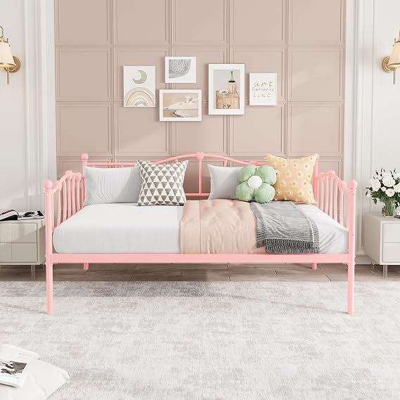 IDEALHOUSE Twin Size Daybed, Metal Sofa Bed Frame, Pink