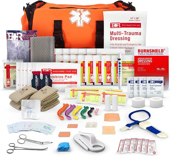 First Responder Trauma First Aid Kit Bag Fully Stocked Emergency Medical Kit for Workplace, Vehicle & Home OSHA & ANSI Compliant Portable Orange