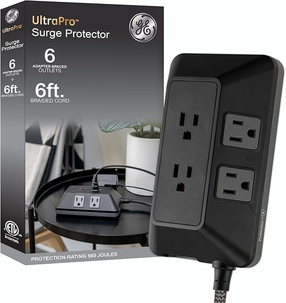 GE 6-Outlet Surge Protector, 6 Ft Braided Extension Cord Power Strip