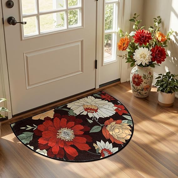 jinchan Vintage Floral Half Round Rug,Black Multi,Washable Non Slip