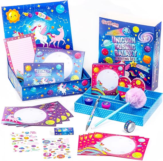 GirlZone Girls Stationery Set Unicorn Letter Writing Kit - 45-Piece, Multicolor, Letter Size - Pen Pal Kit for Kids with Stickers & Stampers