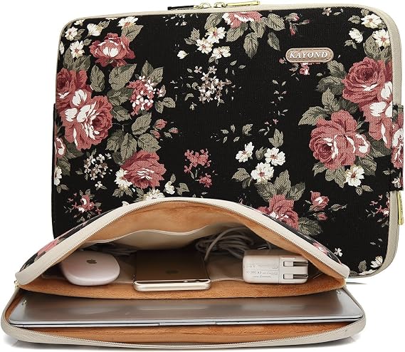 kayond Water-Resistant Canvas 14.1 Inch Laptop Sleeve-Black C Rose