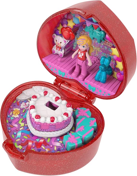 Polly Pocket Mattel 80th Anniversary Compact Playset, Jewelry Box with Doll, Balloon Pet, and Wearable Ring, Ring Box with Celebration Theme, JGK21