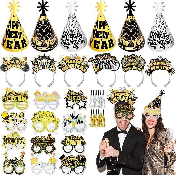 HOWAF New Year Eve Party Supplies 2026, 36pcs Happy New Years Party Headband Cone Hats Glitter Paper Eyeglasses Noise Makers Black Gold New Years Decorations 2026 for NYE Favor Accessories