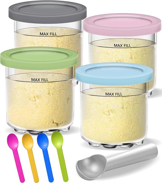 Cream Cups and Lids for Gropecan Ninja - 4 packs Cream Ice Cream Containers Cups Jars Tub Canisters Set, Compatible with NC299AMZ and NC300s Series Cream Ice Cream Machine Machine Accessories