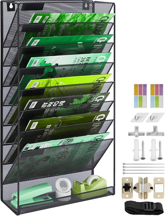 9 Tier A4 Mesh in Tray Hanging Wall File Holder Magazine Document Holder Mail Organiser Magazine Storage Rack,Durable Metal Mesh Filing Storage Letter Trays Desktop File Organizer