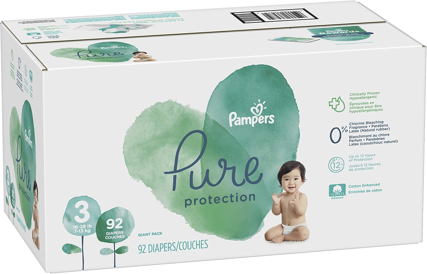 Diapers Size 3, 92 Count - Pampers Pure Protection Disposable Baby Diapers, Hypoallergenic and Unscented Protection, Giant Pack Old Version