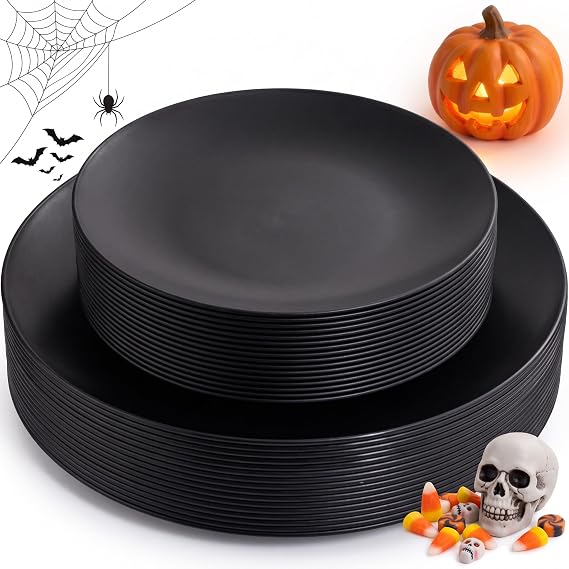 LIYH 32Pcs Black Plastic Plates Reusable For Camping Outdoor Dinner Party