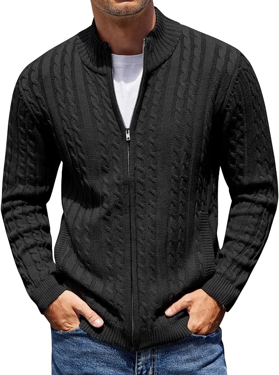 COOFANDY Mens Cardigan Sweater Cable Knitted Full Zip Sweaters with Pockets