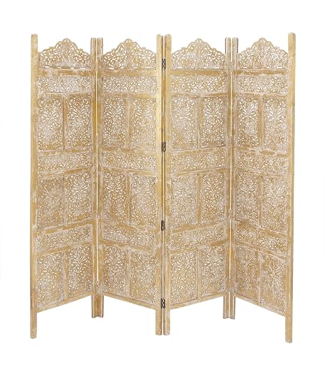 Deco 79 Wooden Floral Handmade Partition Room Divider Screen Foldable Partition 4 Panel Privacy Screen with Foiled Intricately Carved Designs, Room Partition 80" x 1" x 71", Gold