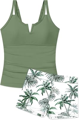 Girls Swimsuit V-Neck Cutout Tankini Tropical Print Swimwear with Shorts 2 Piece Bathing Suit for Girls 7-16Y