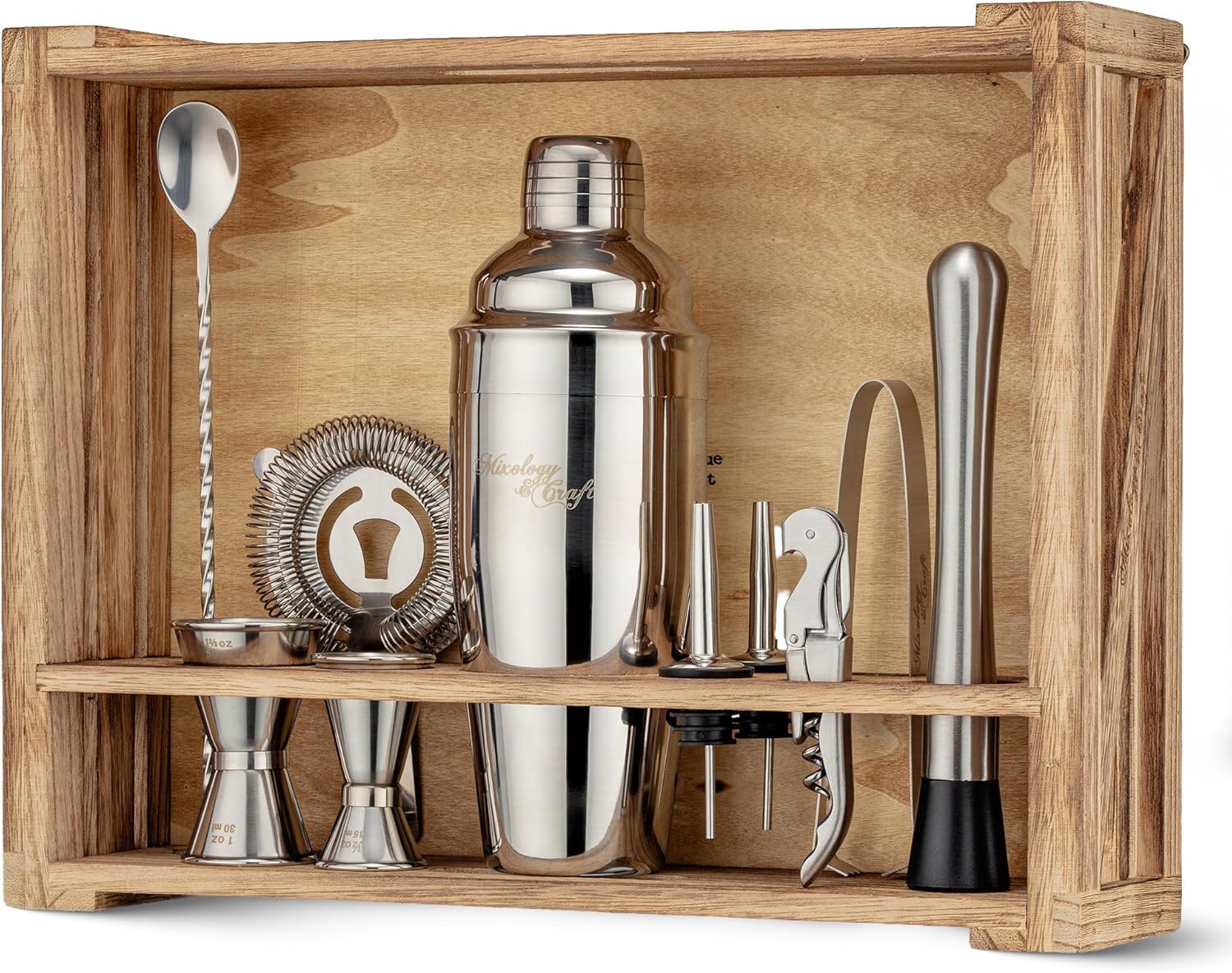 Mixology Bartender Kit: 11-Piece Bar Tool Set with Rustic Wood Stand - Perfect Home Bartending Kit and Cocktail Shaker Set For an Awesome Drink Mixing Experience - Exclusive Cocktail Recipes Bonus