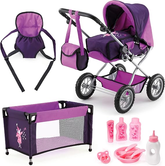 Bayer Design Baby Doll Stroller & Car Seat Combo Pram for 18 Inch Dolls | Convertible Pushchair Set with Adjustable Handle, Carrycot, Shoulder Bag, Travel Cot & Feeding Accessories