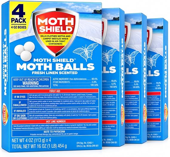 Moth Shield Moth Balls Fresh Linen Scented for Indoor Use, Repels Moths, Clothes Pests & Closet Odors, 4-Pack of 4oz Boxes (16oz)