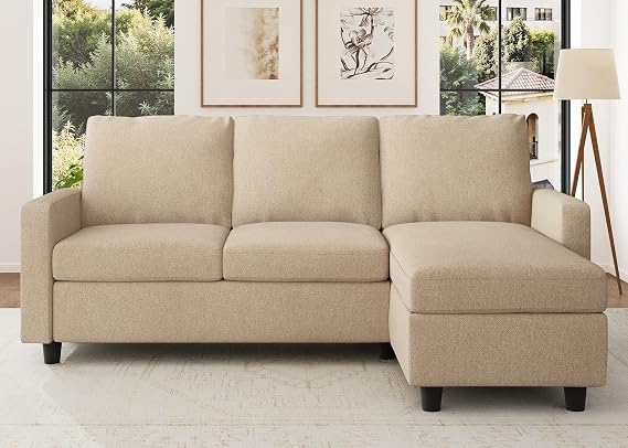 HONBAY Convertible L Shaped Couch, Reversible Sectional Sofa for Small Space, Linen Fabric,Mid Dark Beige