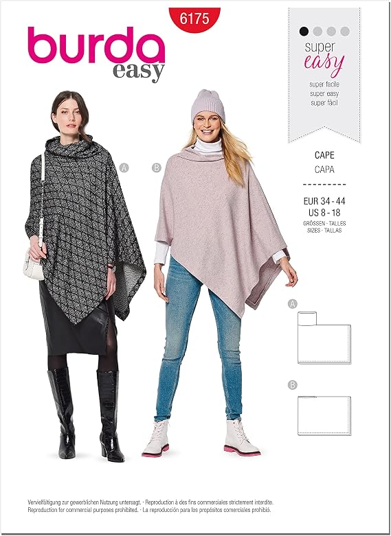 Burda Style Misses' Rectangular Cape, Code 6175 Sewing Pattern Kit, Sizes 8-18, Multicolor