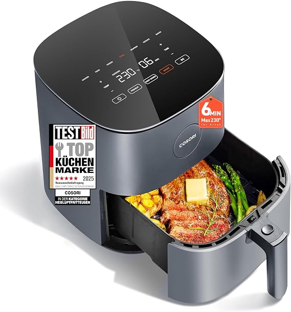 Cosori Airfryer 4.7L 7-in-1 Hot Air Fryer 55% energy saving maximum 230°C and 55dB quiet light grey