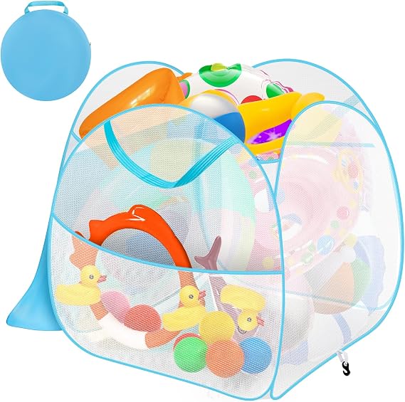 Axcoix 2-in-1 Pool Float Storage Bin, 30" x 30" x 30" Mesh Pool Toy Storage Organizer with Cover & Pockets, Floor/Hanging Pool Toy Net Storage Bag for Floats Inflatable Toys Beach Ball