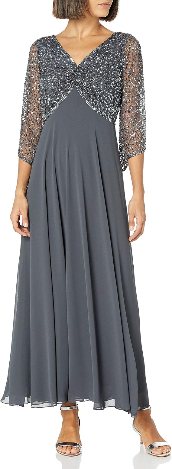 J Kara Women's Petite Petite 3/4 Sleeve V- Neck Beaded Top Long Gown Dress, Grey/Gun, 14P