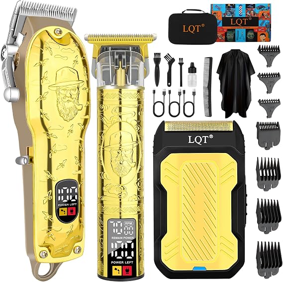 Professional Hair Clipper Set for Men Electric Shaver Razor Cordless Hair Cutting Barber Clippers Beard Trimmer Mens Grooming Kit Gifts for him (Gold)