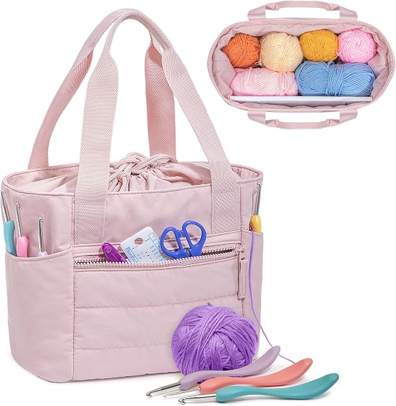 Teamoy Small Knitting Bag, Yarn Storage Tote, Crochet Bag Organizer, Pink | Puffer Yarn Holder with Drawstring, Expandable, for Yarn Skeins, Hooks, Needles and Crocheting Supplies, Soft and Lightweight