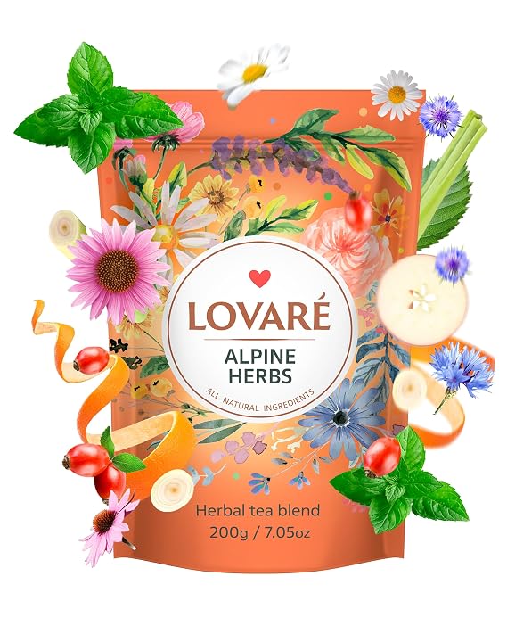 LOVARE Alpine Herbs Tea Pouch - Loose Leaf Tea 200 g - Made in Ukraine - Doypack with Lemongrass, Chamomile Flowers, Rose Hips, Orange, Blackberry, and More - Gift Box Sets
