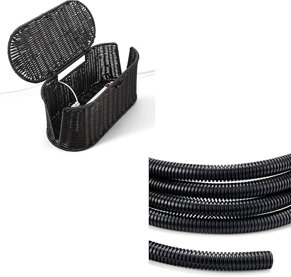 Handwoven Rattan Style Cable Management Box & Wire Loom 1/2 inch 10ft Black