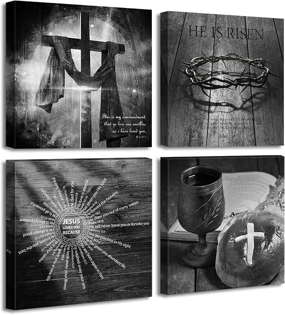Christian Canvas Wall Art Decor Easter Bible Verse Set of 4 for Church | Solid wood frame, ready-to-hang with hooks, religious gift for women men, spiritual inspiration for home office