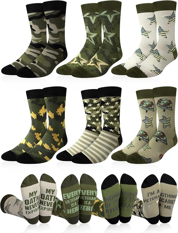6 Pairs Veteran Army Socks Gift for Men Novelty Camo Crew Socks