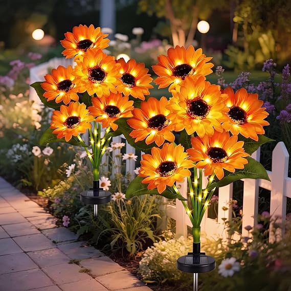 Solar Sunflower Lights Outdoor Waterproof 2 Pack with 12 Led Lights | Sunflowers Lights Garden yard Decor, Flowers Decorations Christmas Birthday Gifts for Mother's Day Mom Women Grandma