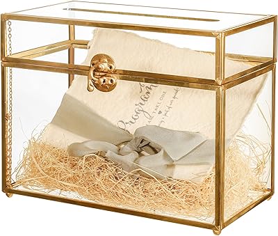 NCYP Small 9.8 x 5.6 x 7.7 Inch Wedding Glass Cards Box with Slot - Gold Envelope Card Holder for Birthday Party Reception, Home Indoor Decor - Slot Length 7.1 Inches No Lock