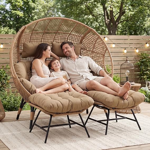 NICESOUL 2 Person Egg Chair Indoor Outdoor Stationary Wicker Large Egg Seating Large Egg Basket Lounge Chair with Ottoman Footrest for Patio Balcony Porch Tan Color