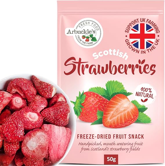 Arbuckle's Freeze Dried Strawberry Direct from UK Farm Shop Whole Fruit Snack Nutritious and Healthy Strawberries, Natural, for Baking, Breakfast Cereal Topper, Yogurt, Cake Decorations (50g)