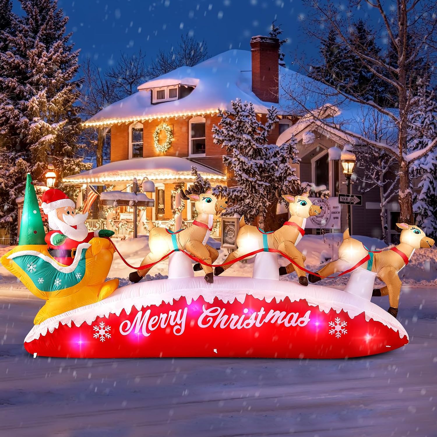 MICOCAH 10FT Long Christmas Inflatables Outdoor Decorations Santa Claus with Reindeer Sleigh, Built-in Rotating Colorful LEDs Cute Deer Sled Xmas Blow Up Yard Decoration Holiday Eve Party Indoor