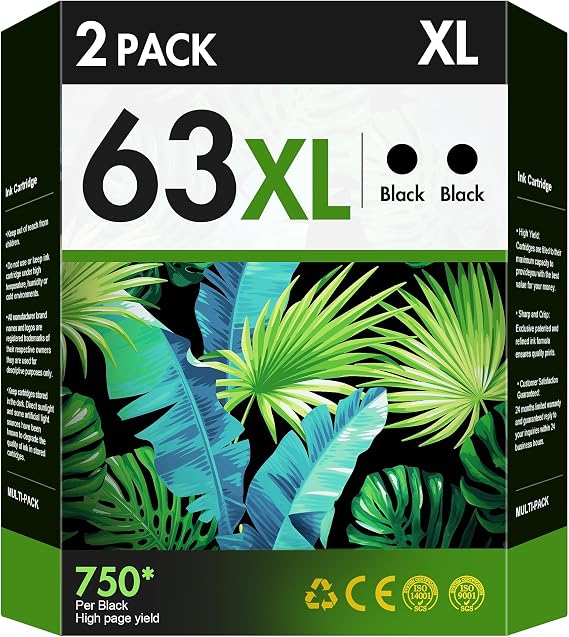 63XL Black Ink Cartridges Replacement for HP Ink 63 Black Ink Cartridges
