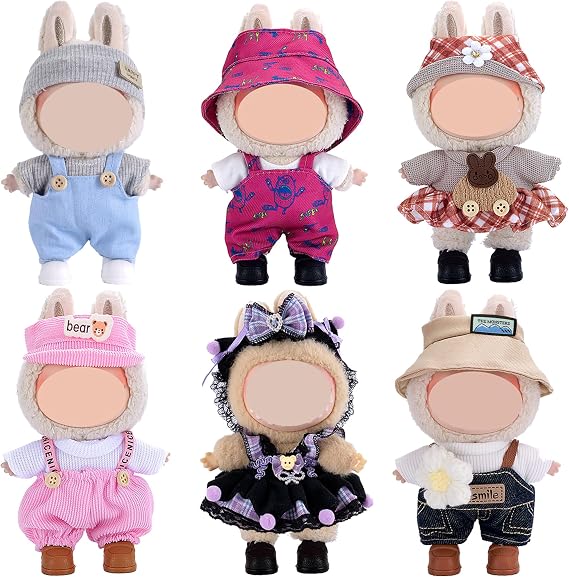 ebuddy 6 Sets Doll Clothes for 17 cm Plush Doll - Fashion Overalls Ensemble Adorable Outfits Collection (Clothes Only)