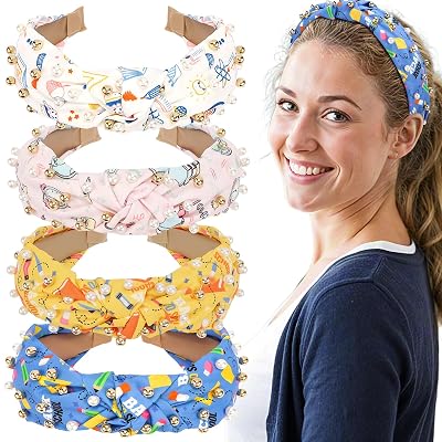 4pcs Teacher Jeweled Knotted Headband - Back To School Gift Book Pencil Beaded Pearl Embellished Headband Top Knot Hair Accessories Teacher Appreciation Birthday for Women Girls